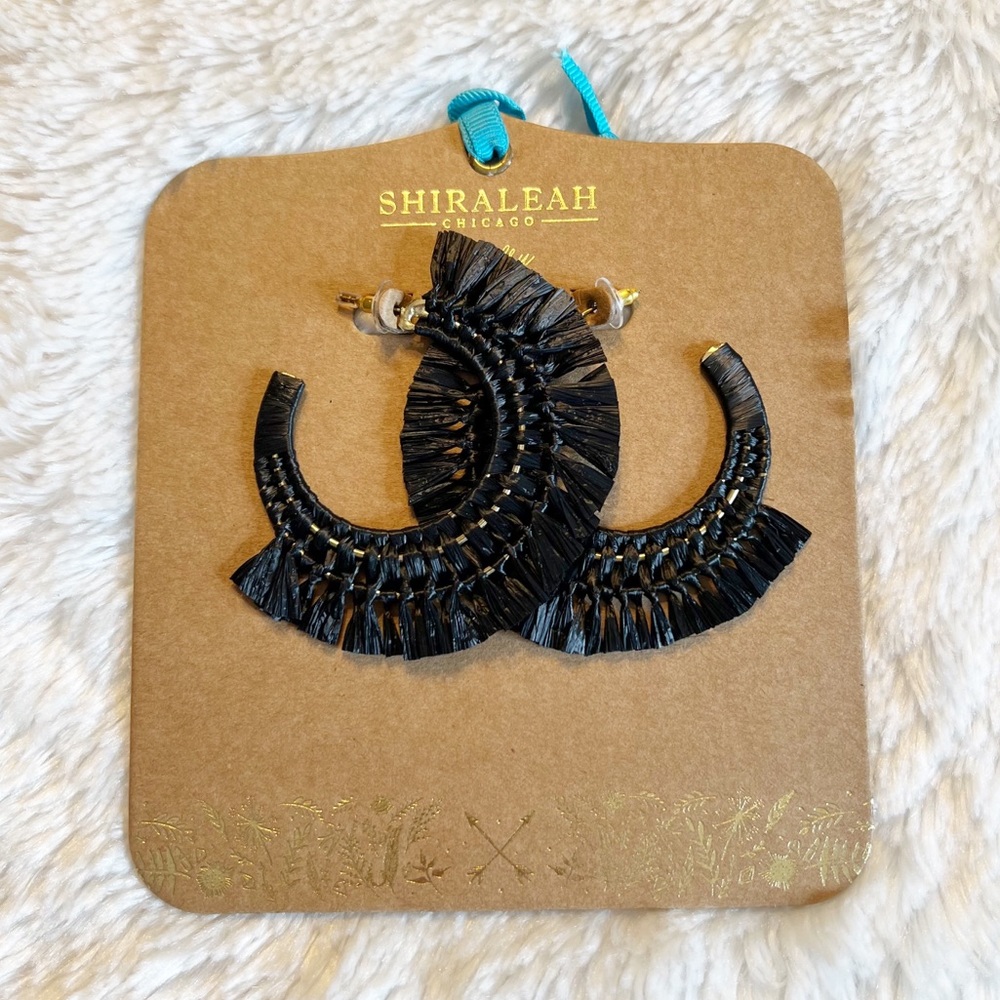 Shiraleah Anthropologie Ryder Black Raffia Tassel Hoop Earrings